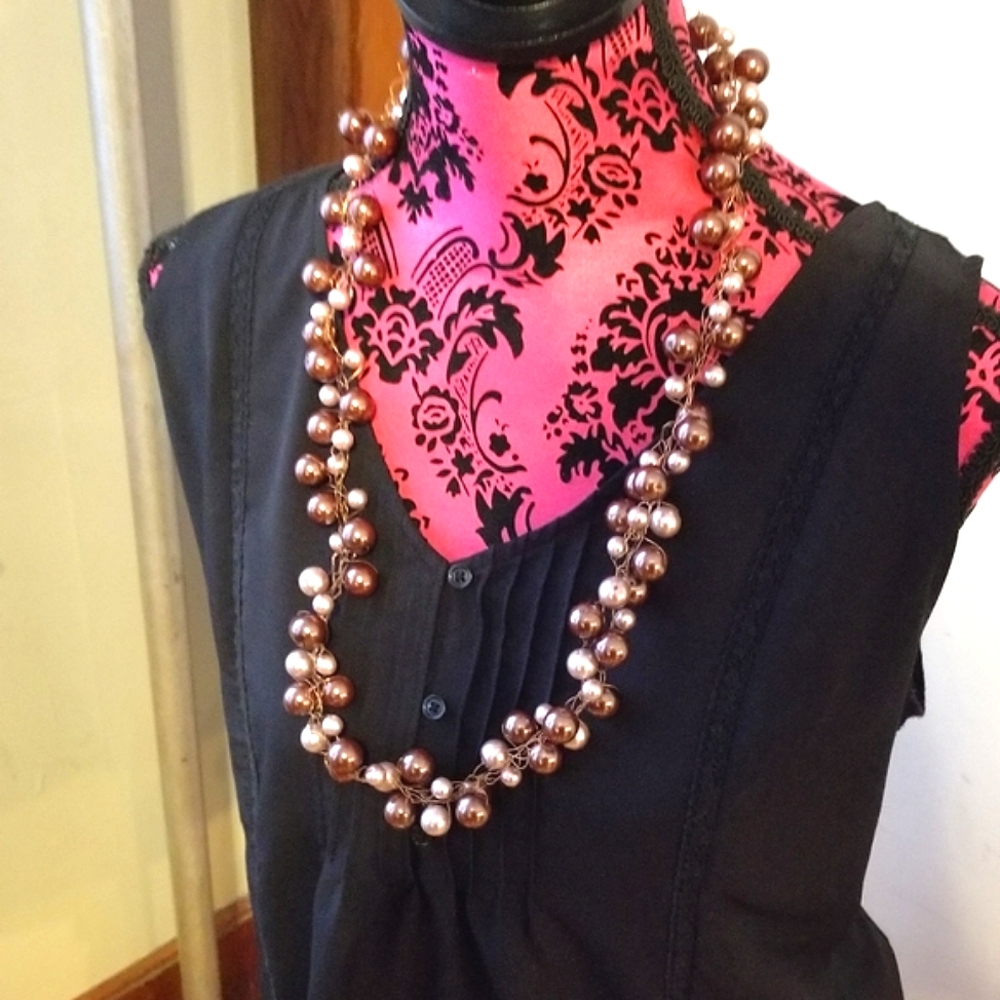 Handmade necklace bead crochet Huge, chunky brown pearl beaded copper